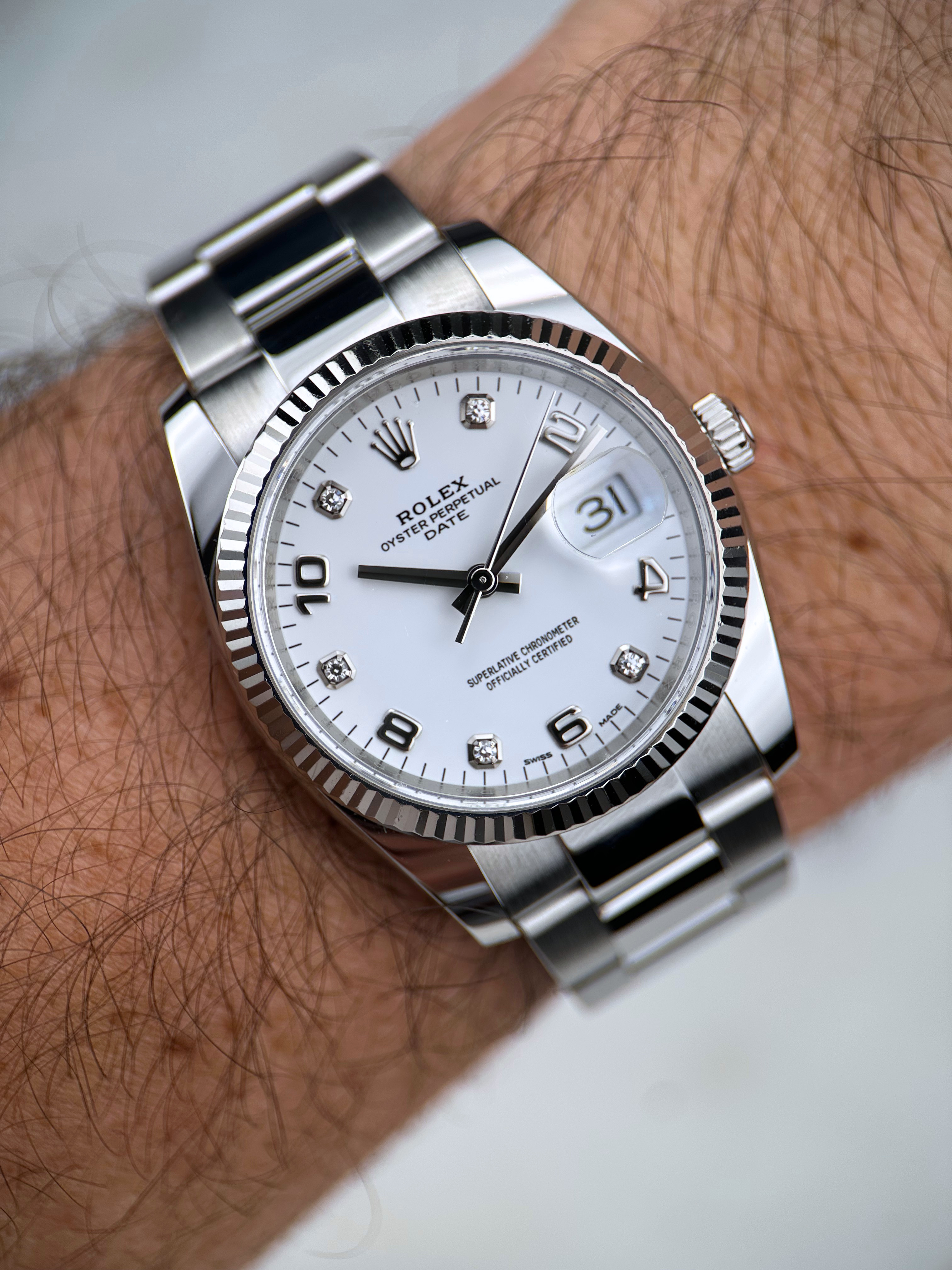 Rolex Date 34 Weiß Brillant 115234 Fullset 2019